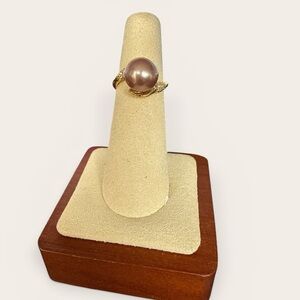 Mauve Freshwater Pearl Ring Gold Plated Adjustable CZ Wrap Setting